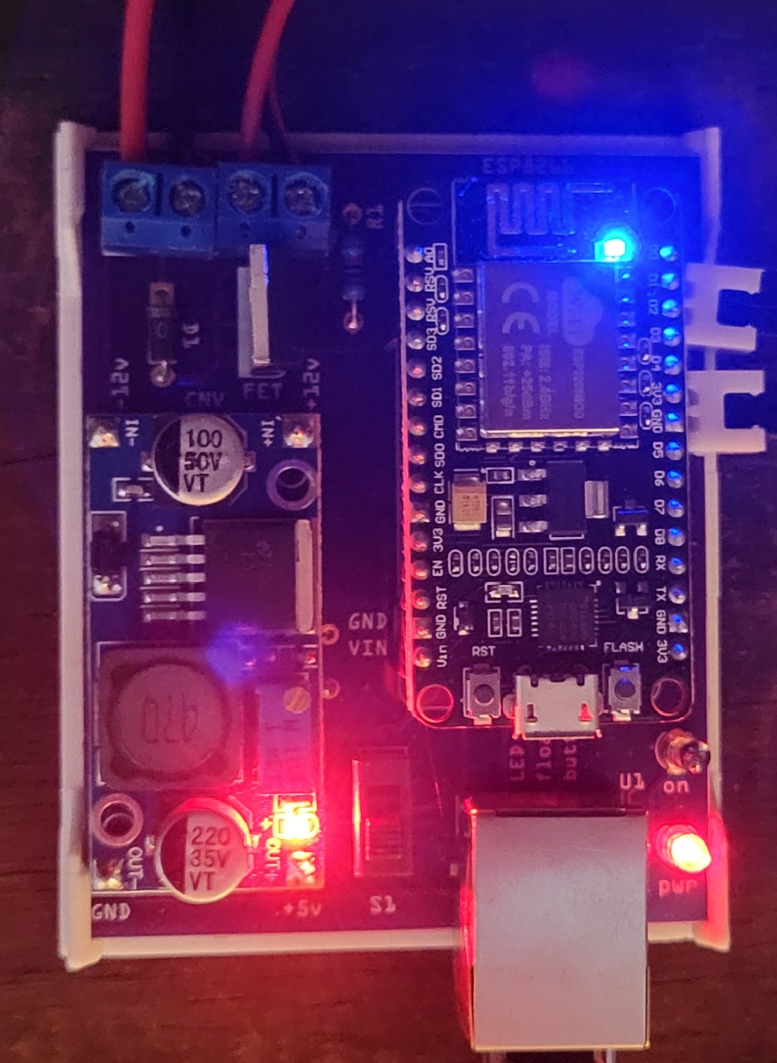 The board all mounted, wired, and powered